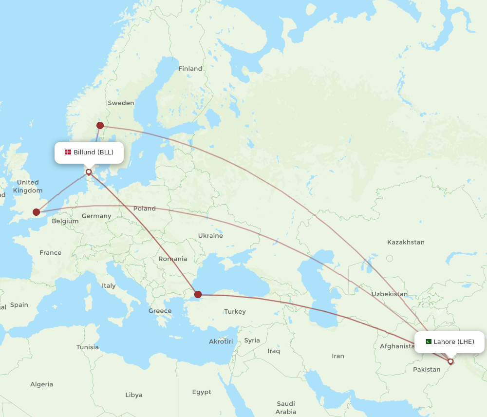 LHE to BLL flights and routes map