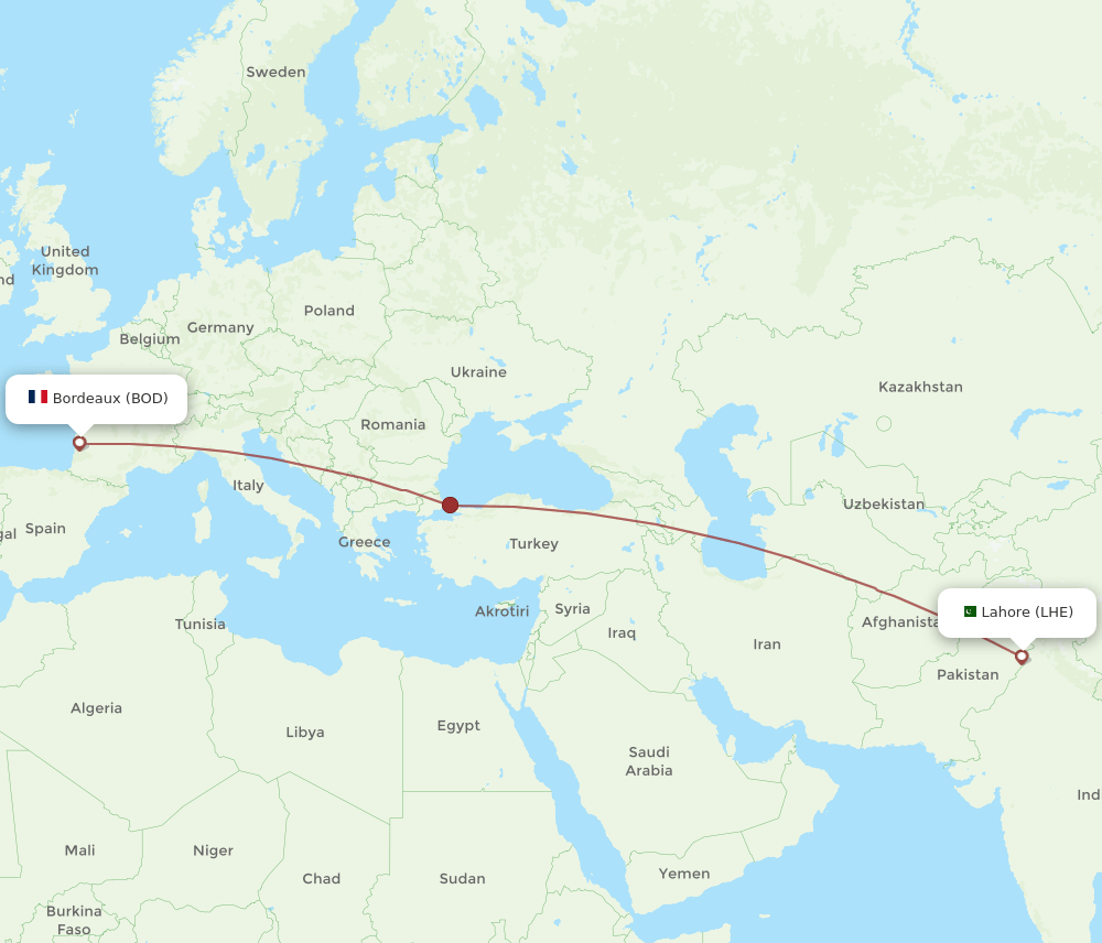LHE-BOD flight routes