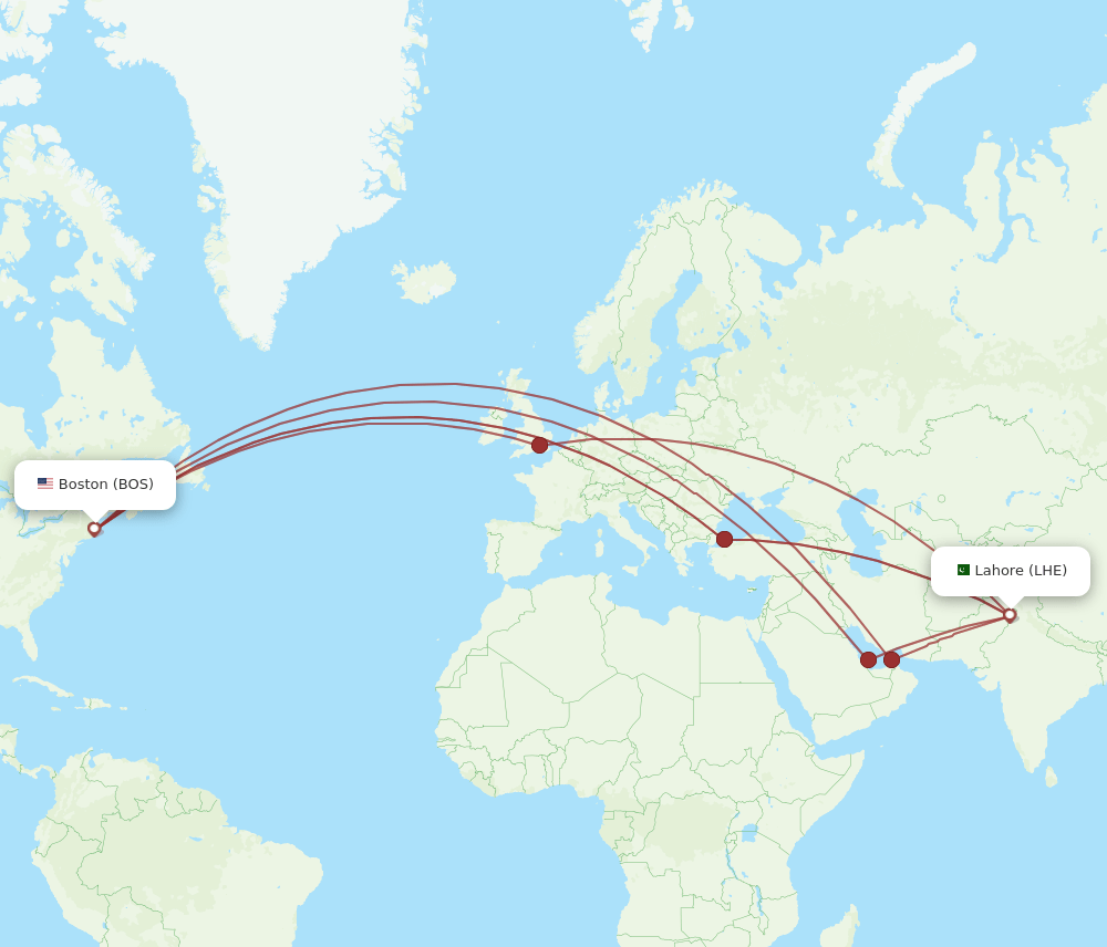 LHE-BOS flight routes