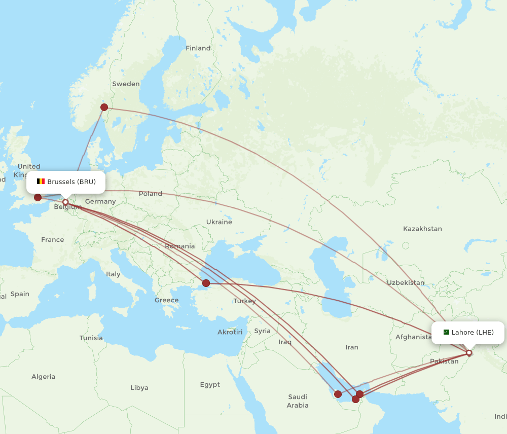 LHE-BRU flight routes