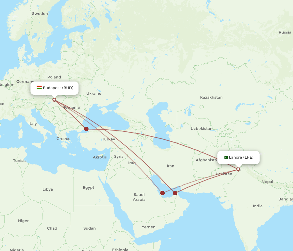 LHE-BUD flight routes