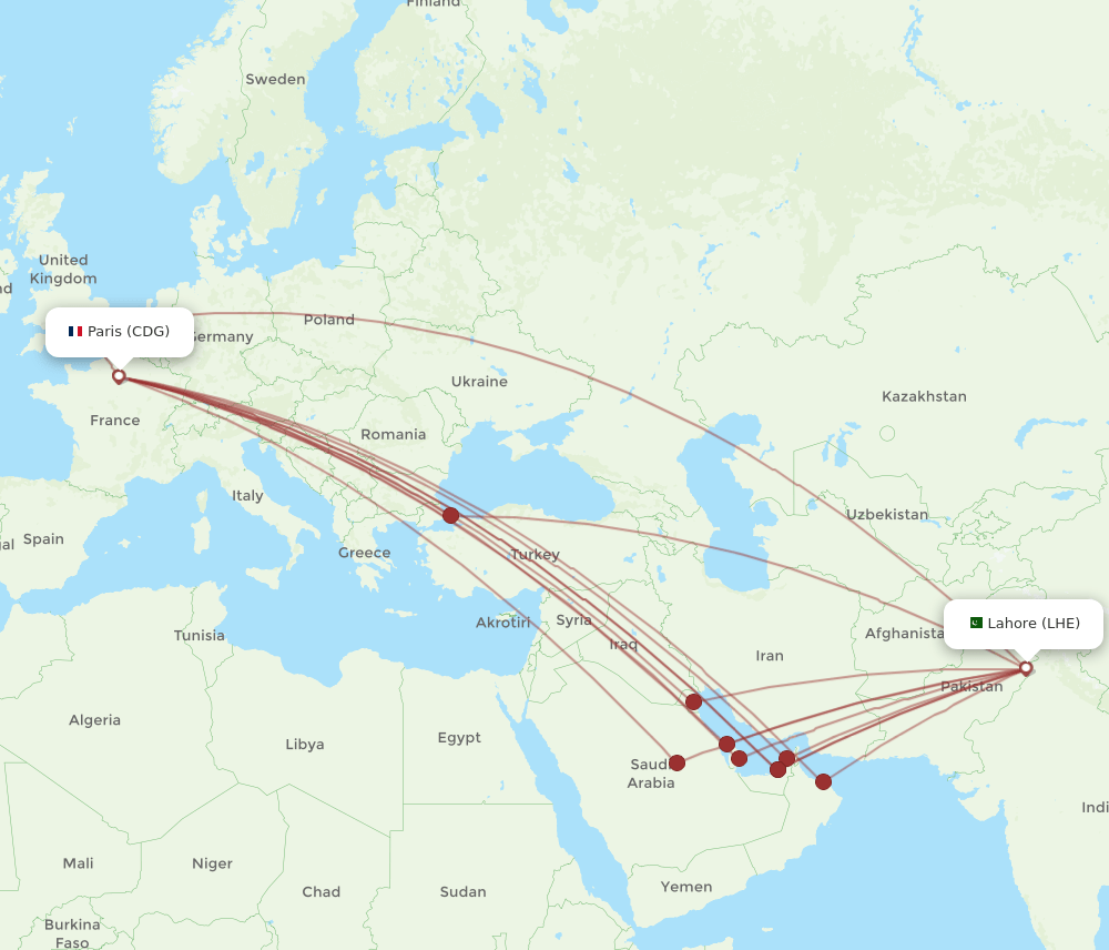 LHE-CDG flight routes