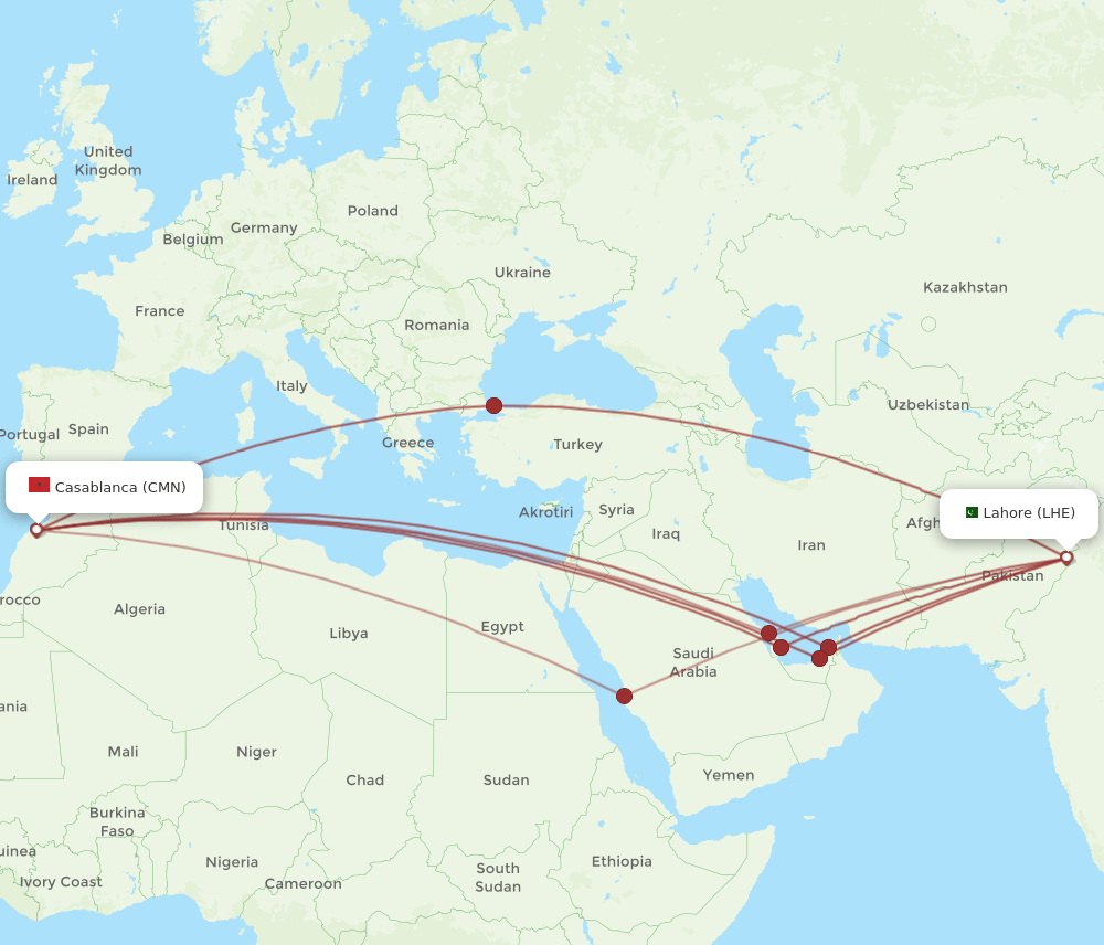 LHE-CMN flight routes