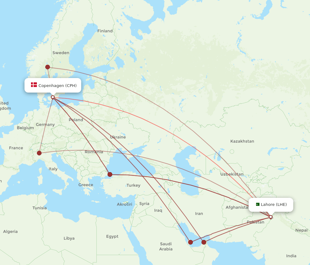 LHE to CPH flights and routes map