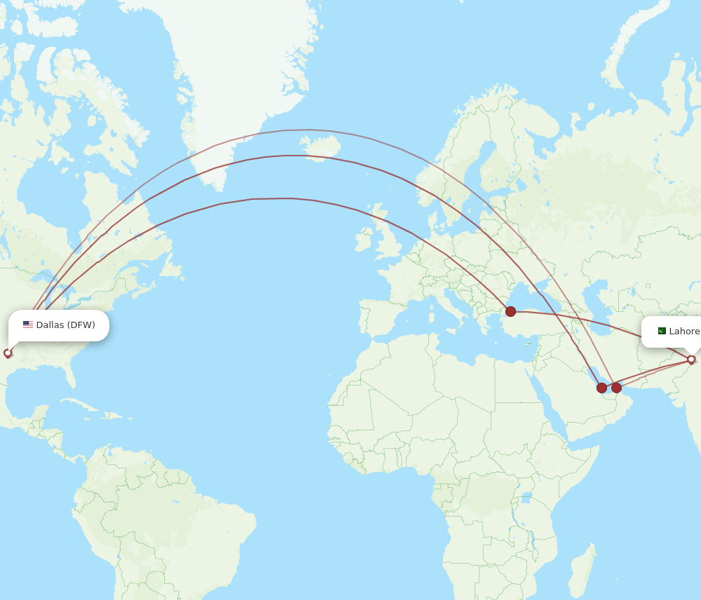 LHE-DFW flight routes