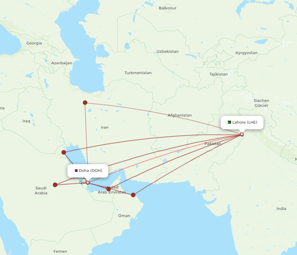 LHE to DOH flights and routes map