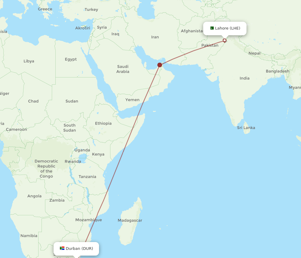 LHE-DUR flight routes
