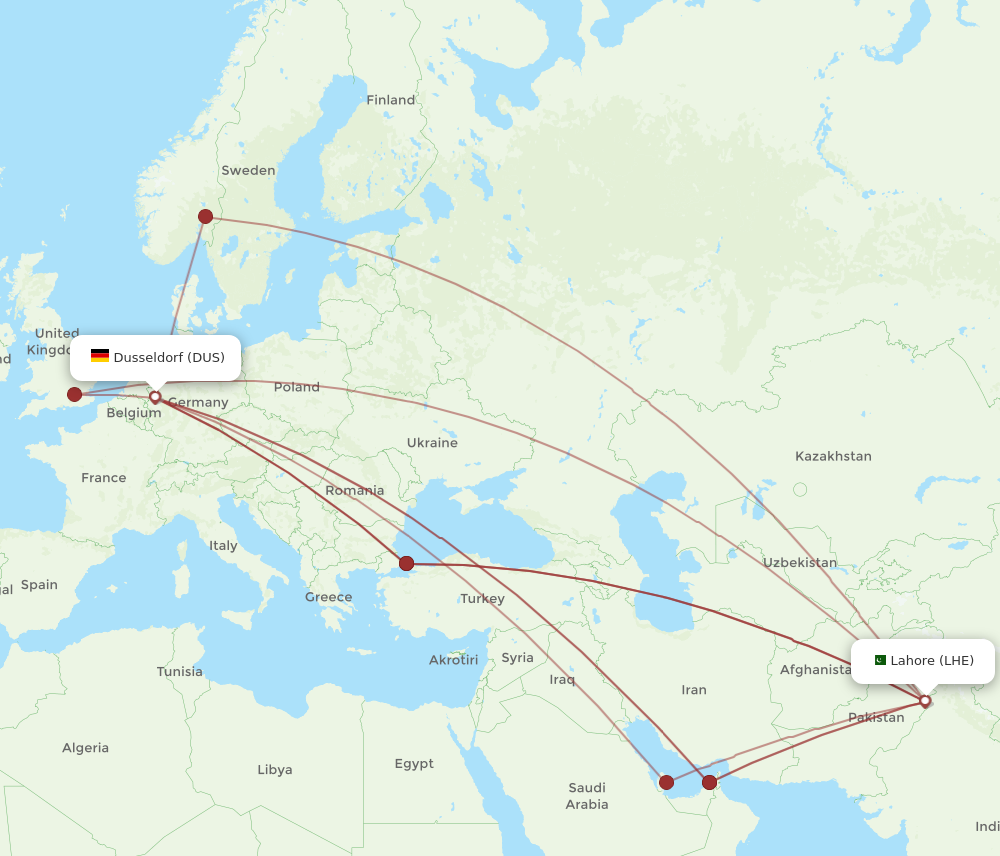 LHE to DUS flights and routes map