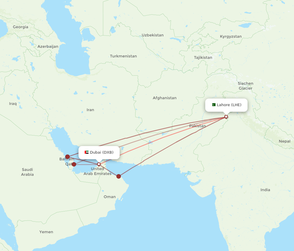 LHE to DXB flights and routes map