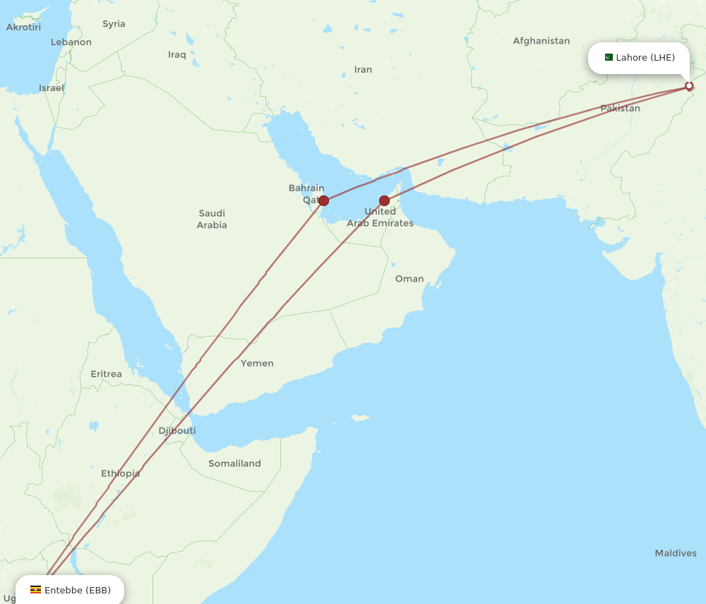 LHE to EBB flights and routes map