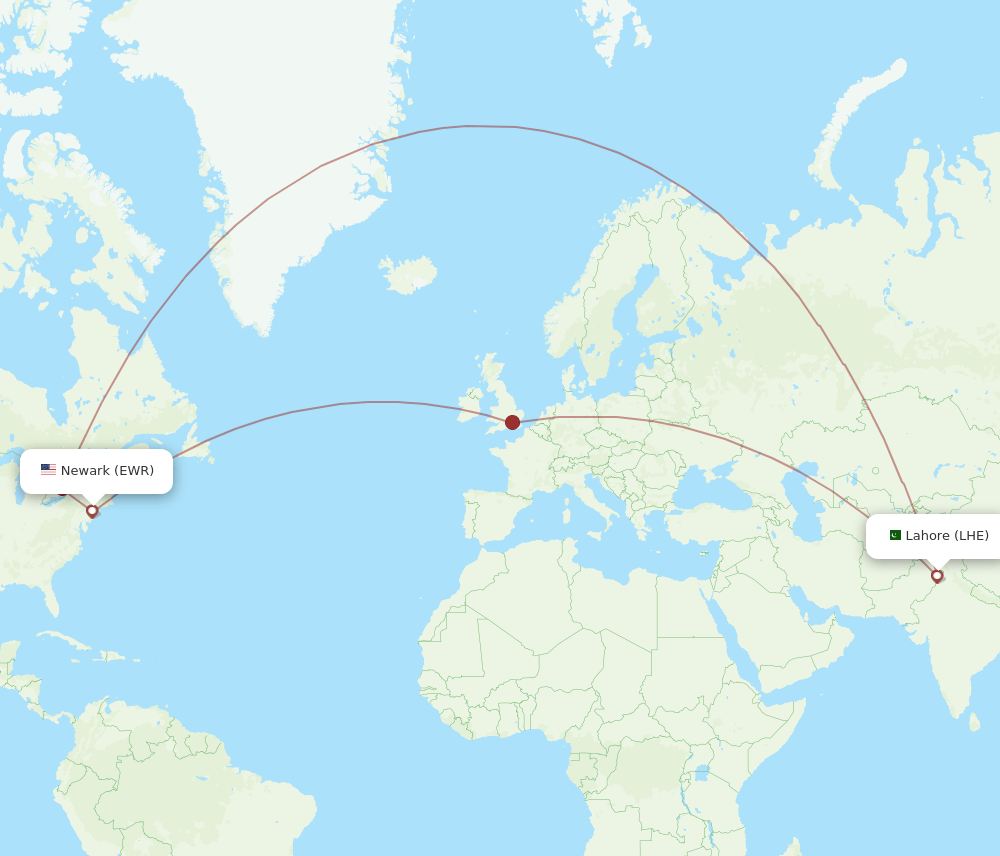 LHE to EWR flights and routes map