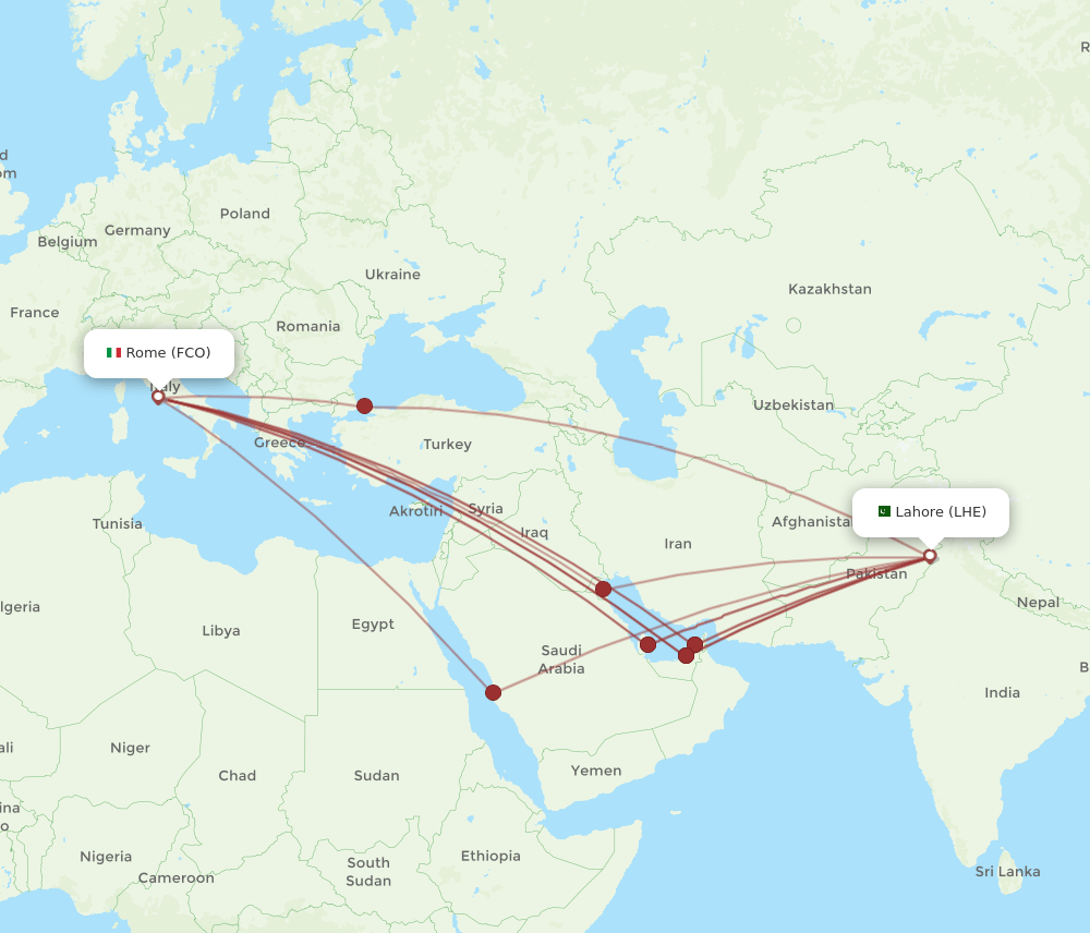 LHE-FCO flight routes