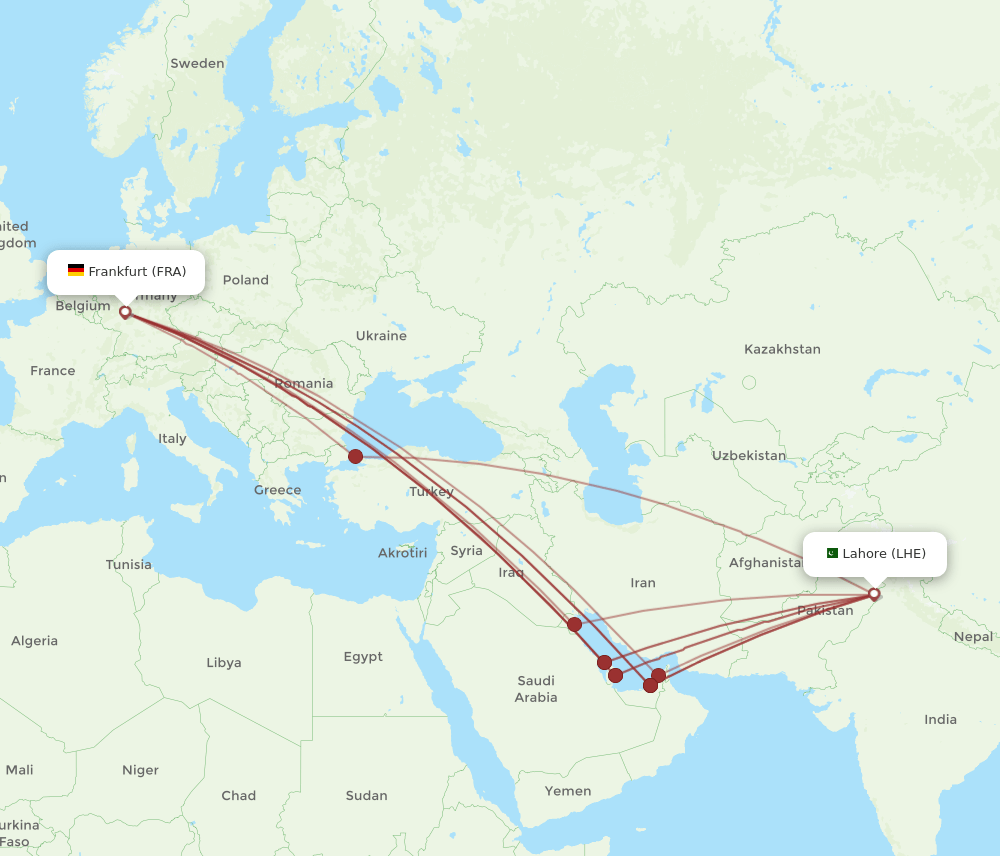 LHE-FRA flight routes