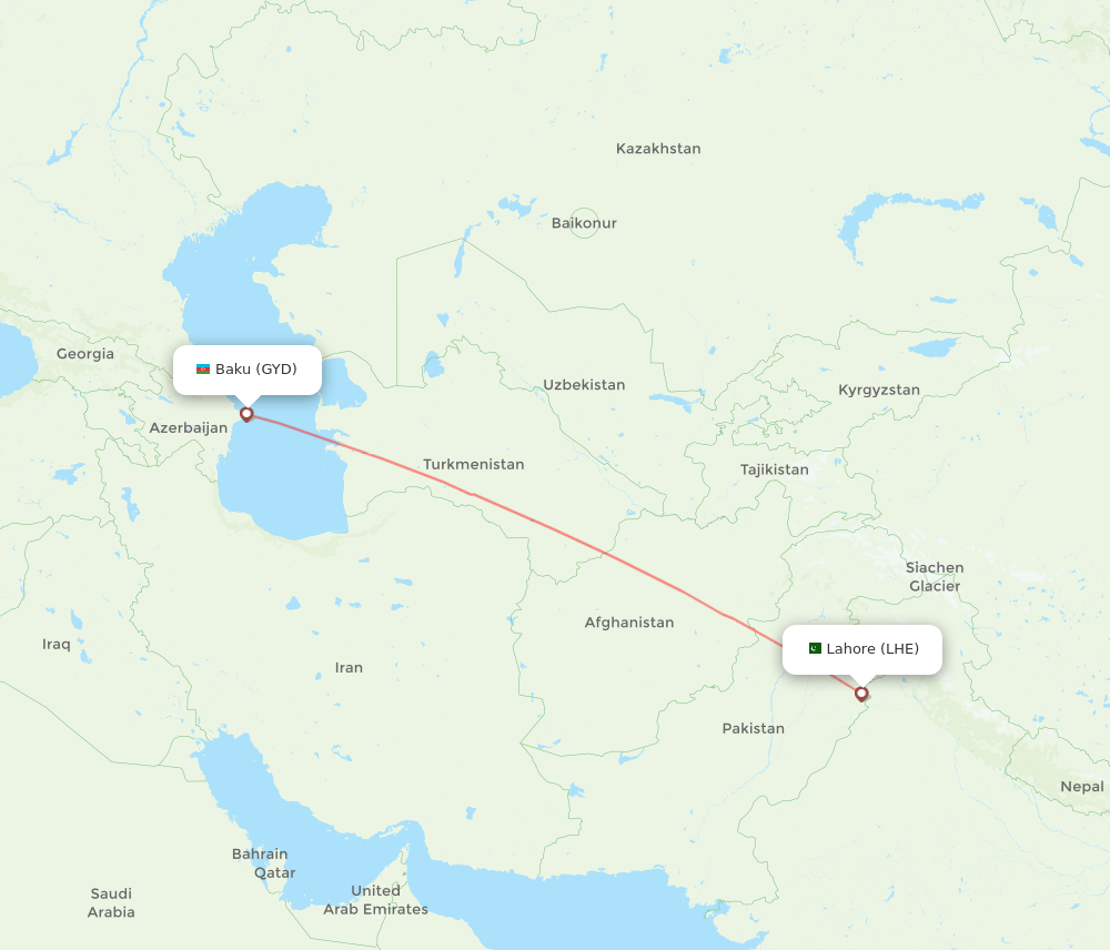 Lahore - Baku route map and flight paths