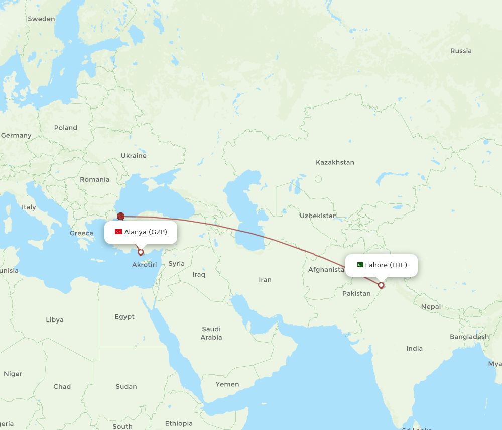 LHE to GZP flights and routes map