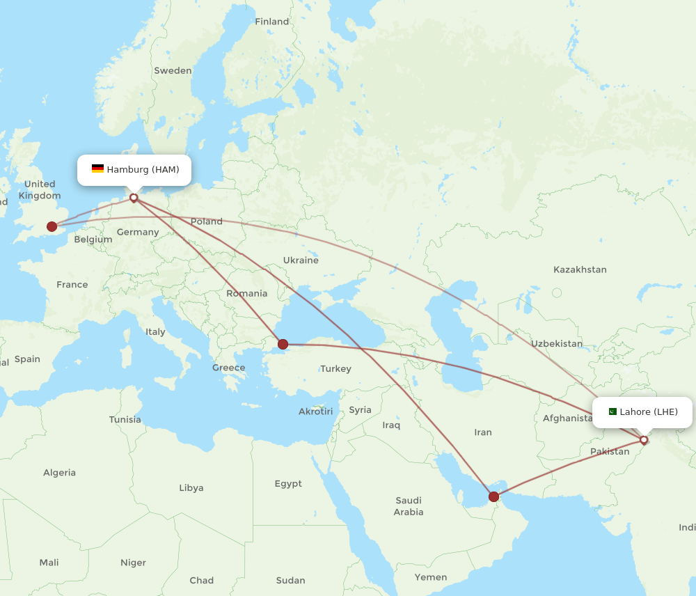 LHE-HAM flight routes