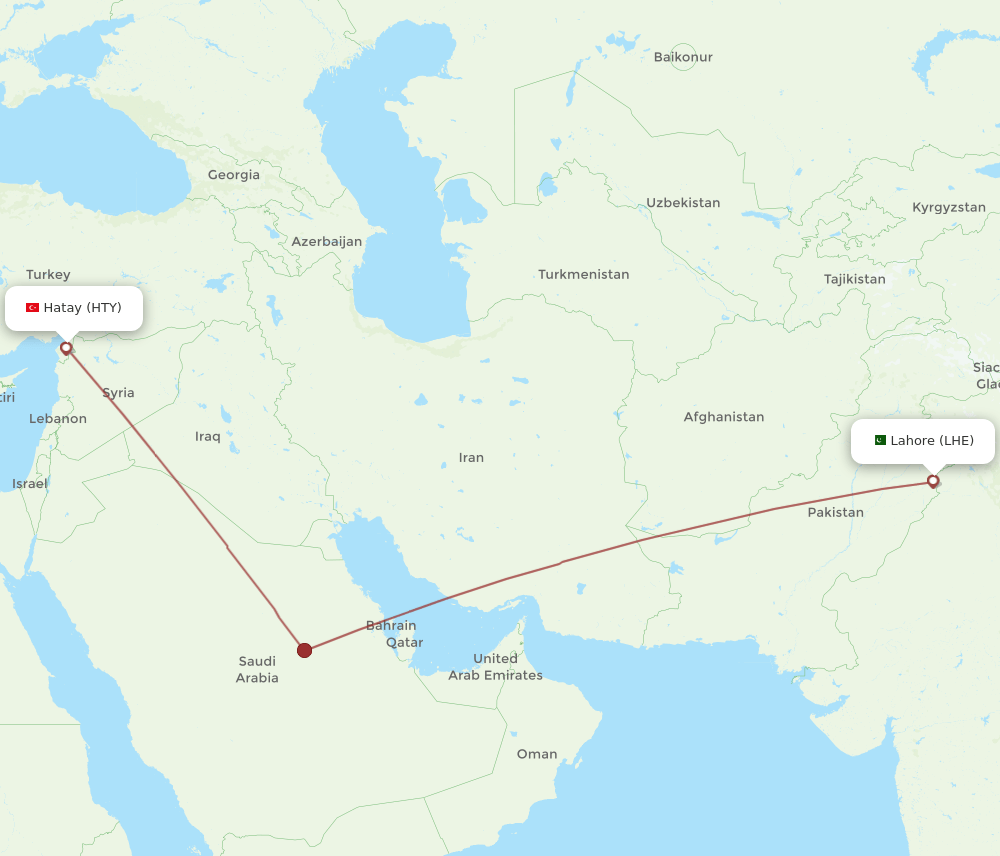 LHE to HTY flights and routes map