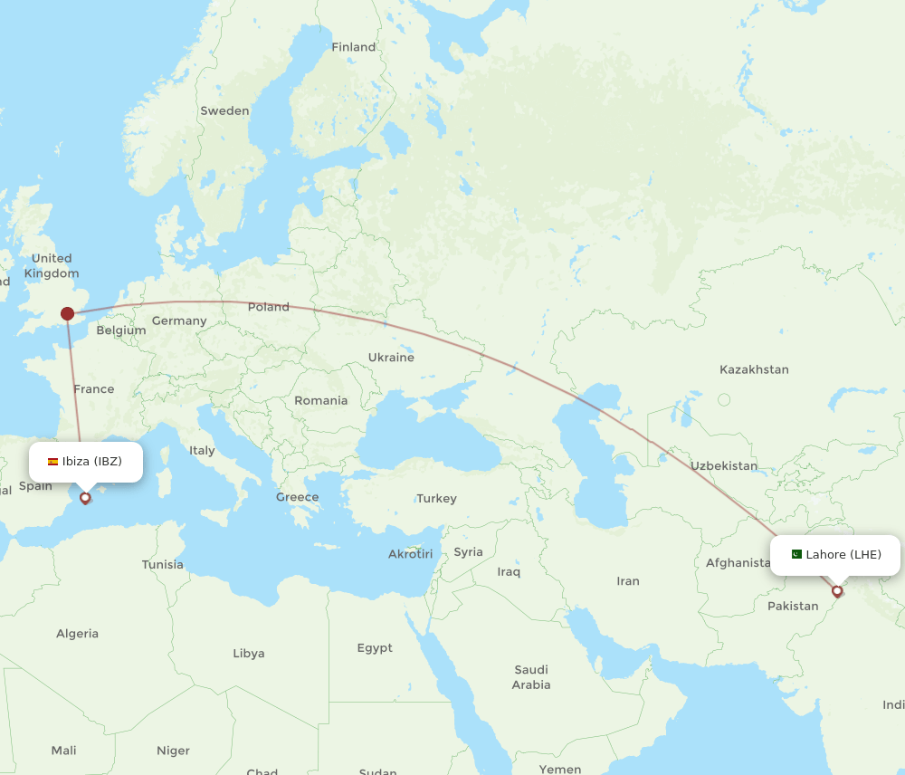 LHE to IBZ flights and routes map