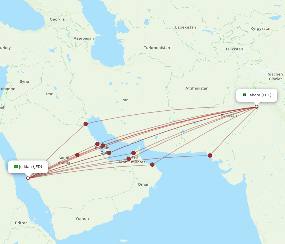 LHE to JED flights and routes map