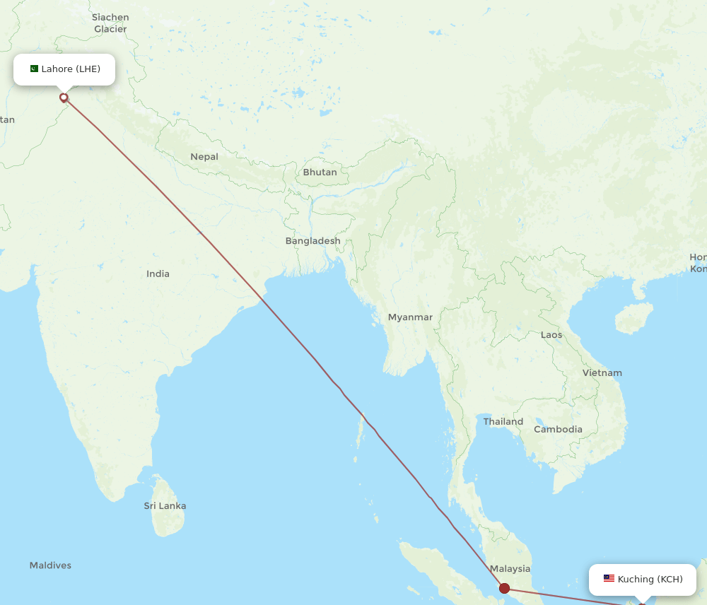 LHE to KCH flights and routes map