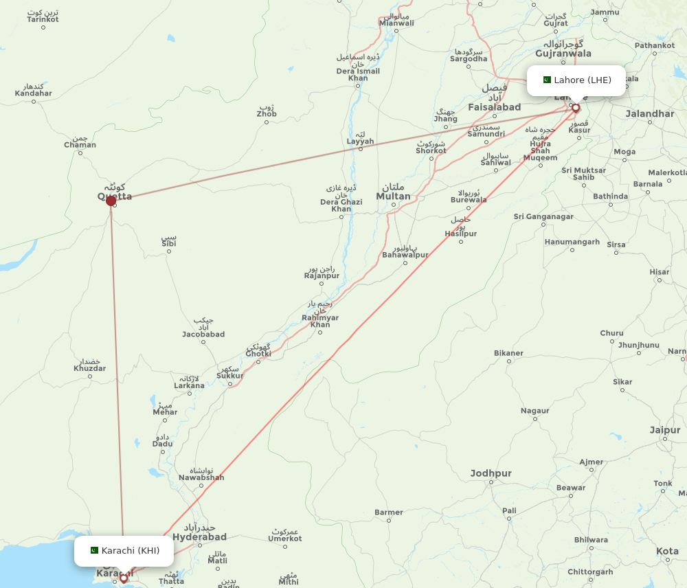 LHE to KHI flights and routes map