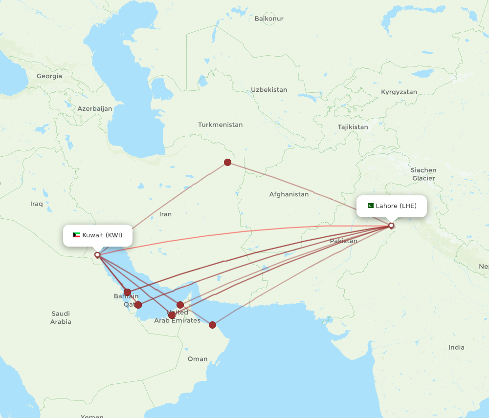 LHE to KWI flights and routes map