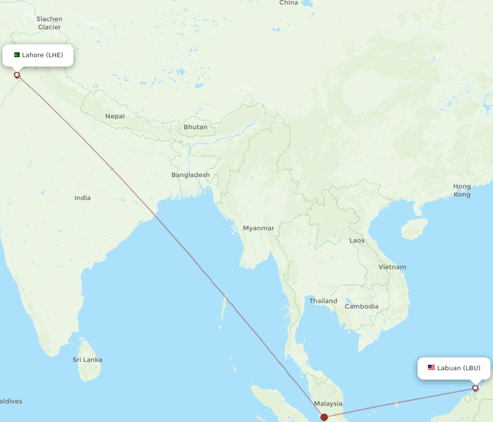 Labuan - Lahore route map and flight paths