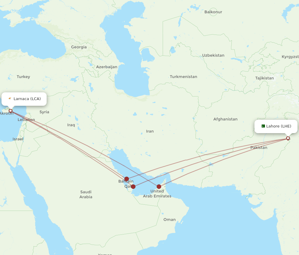 LHE-LCA flight routes