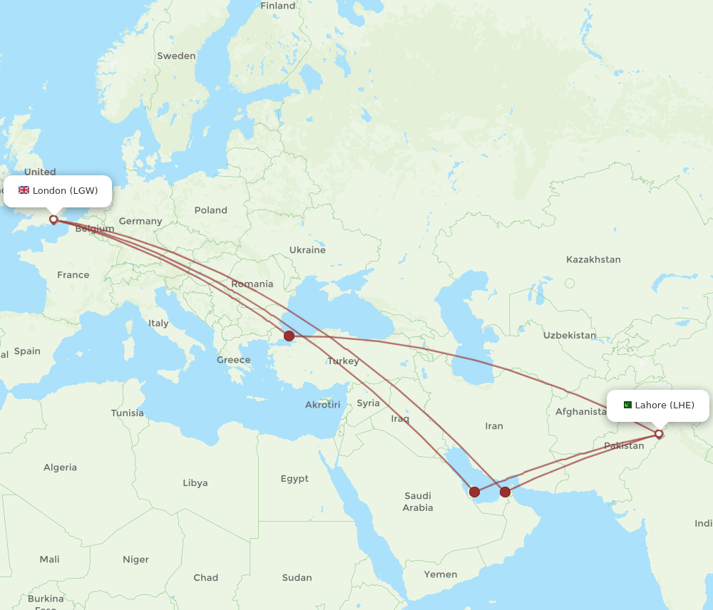 LHE-LGW flight routes