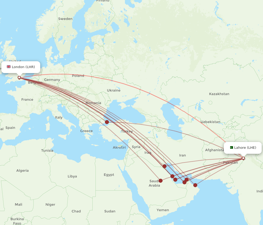 LHE to LHR flights and routes map