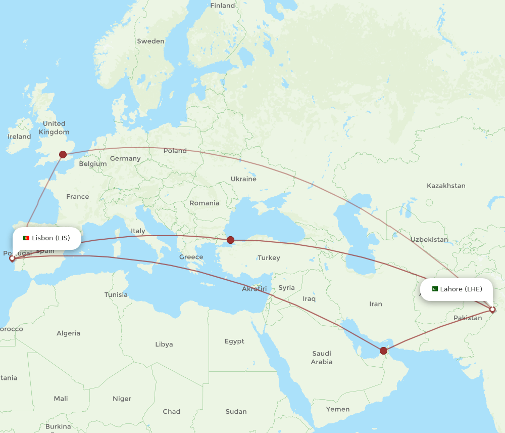 LHE-LIS flight routes