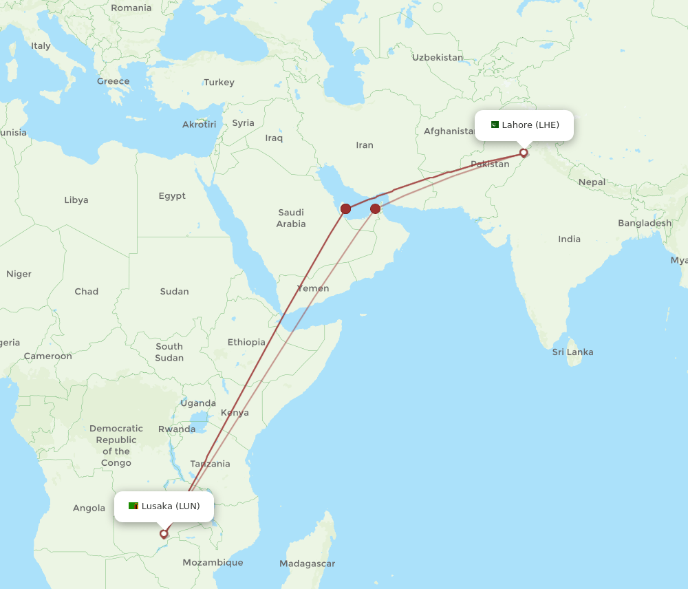 LHE-LUN flight routes