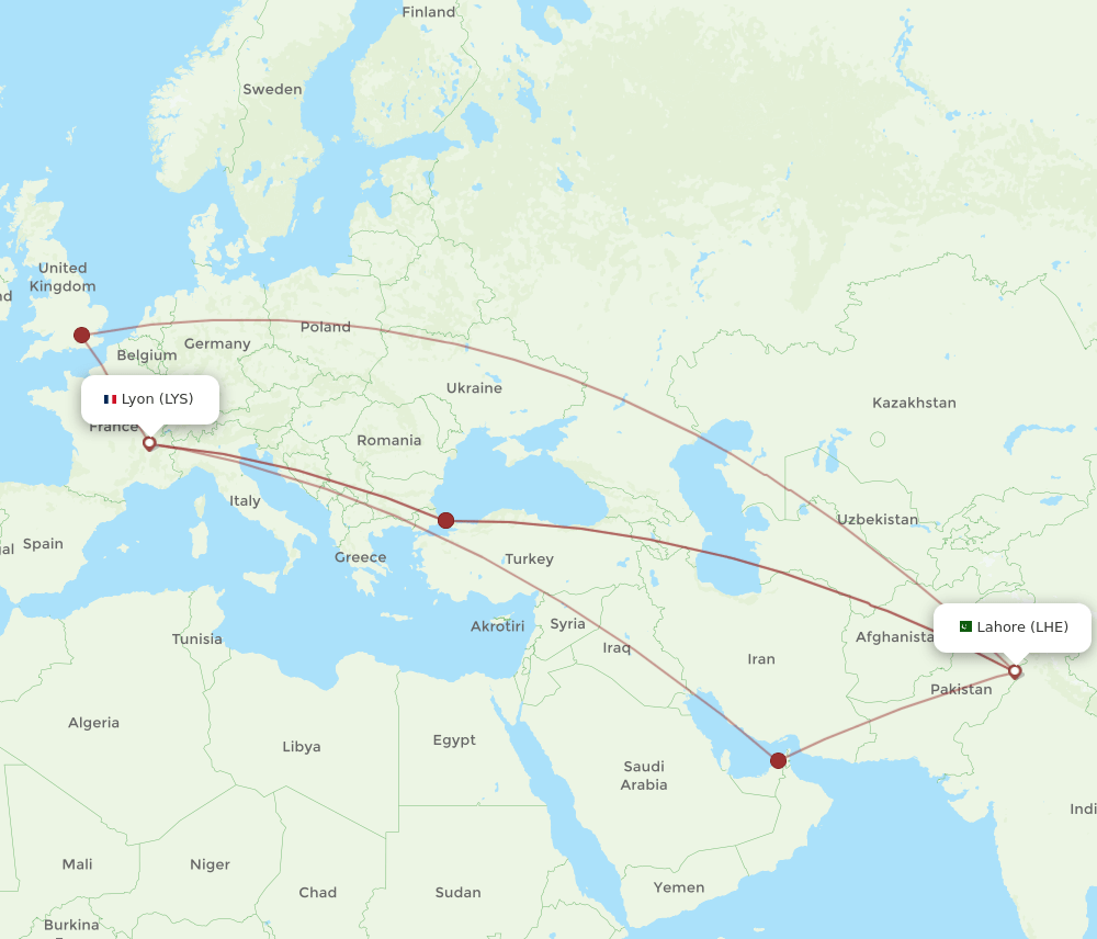 LHE-LYS flight routes