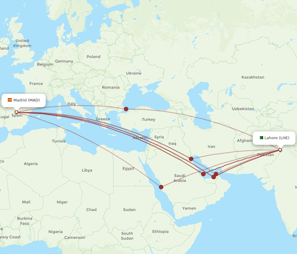 LHE-MAD flight routes