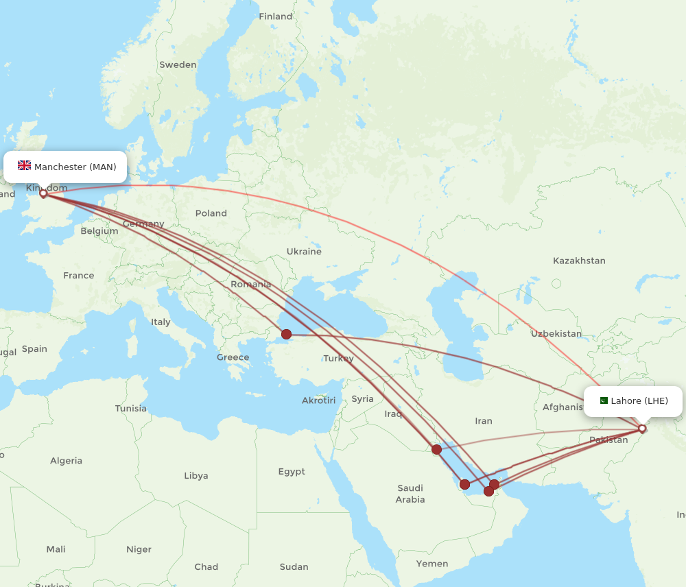 LHE to MAN flights and routes map