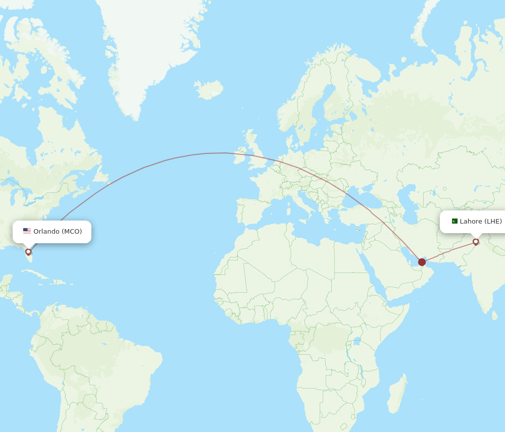 Lahore - Orlando route map and flight paths