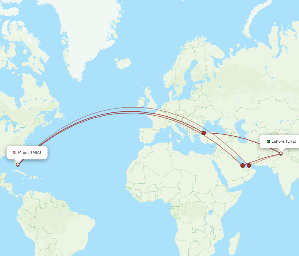 LHE-MIA flight routes
