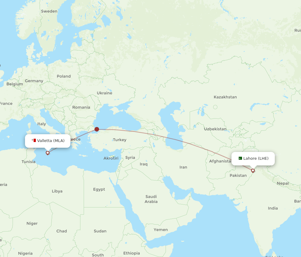 LHE to MLA flights and routes map