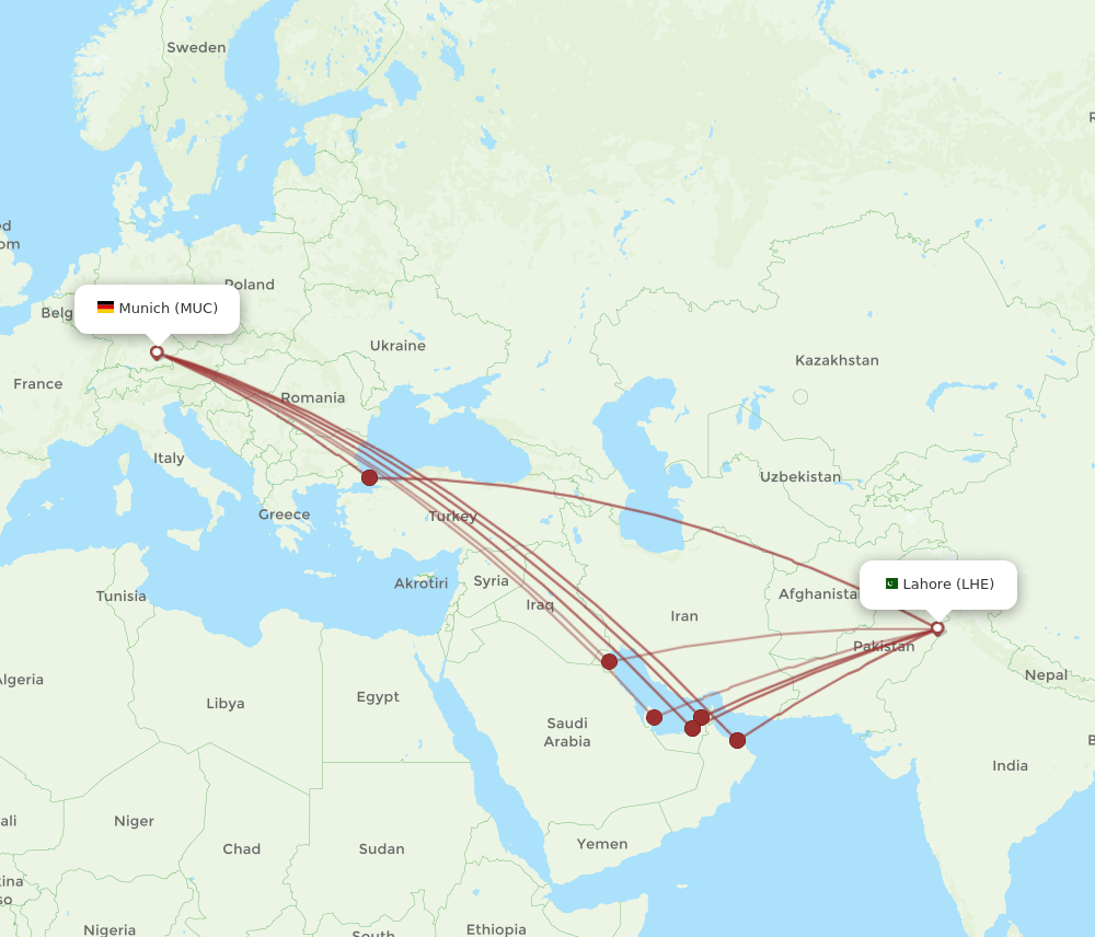LHE to MUC flights and routes map