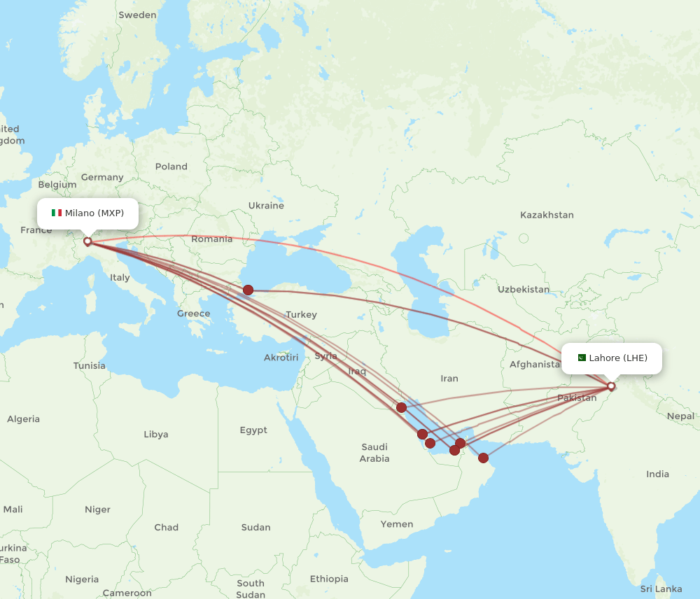 LHE-MXP flight routes