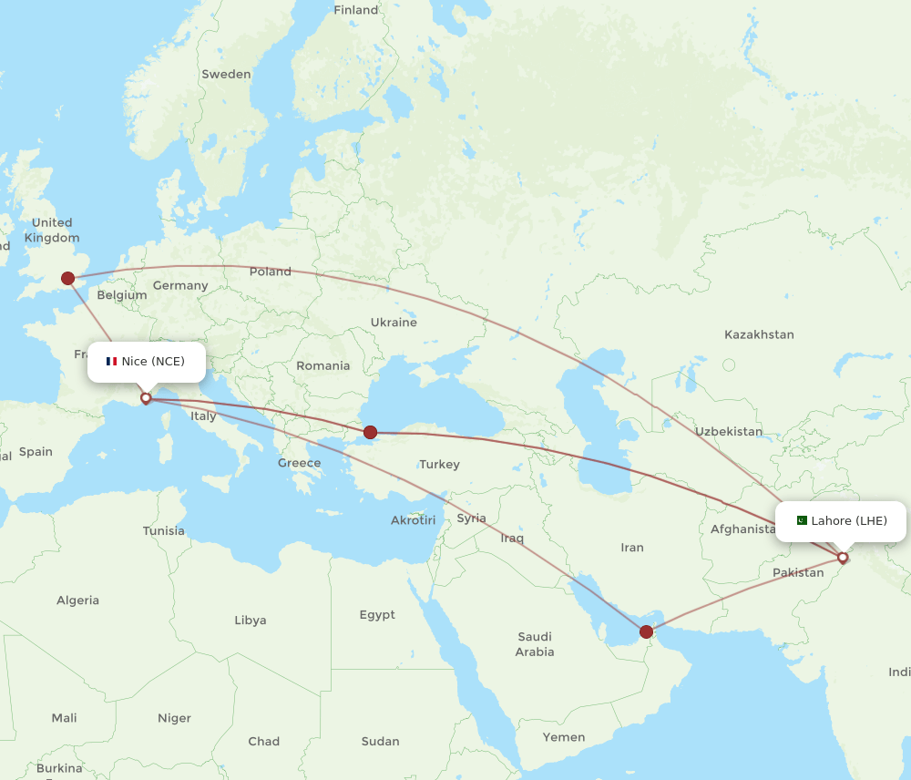 LHE-NCE flight routes