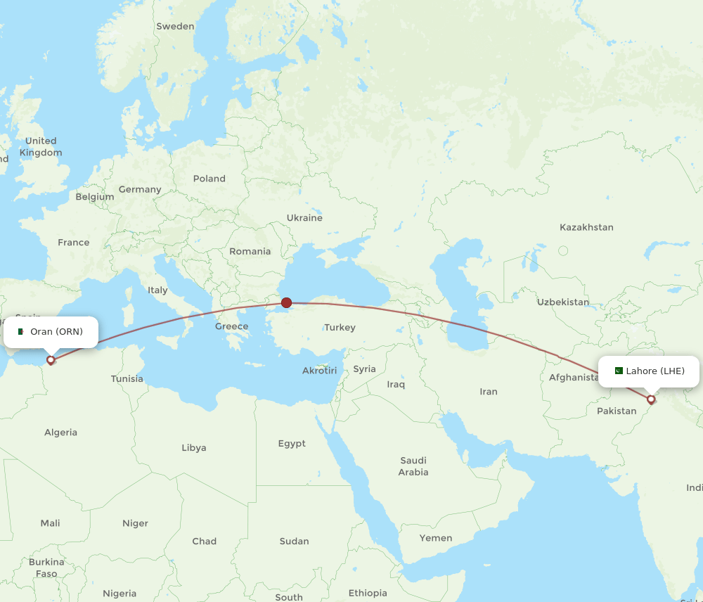 LHE to ORN flights and routes map