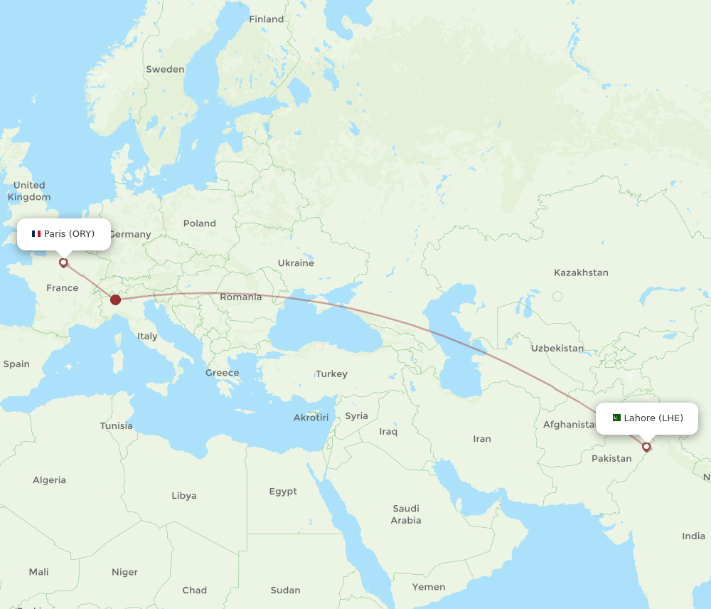 Lahore - Paris route map and flight paths