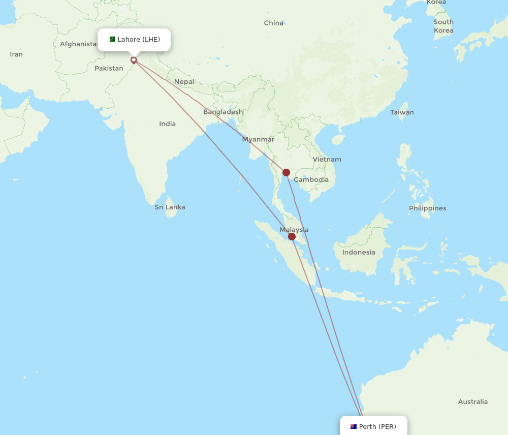 LHE-PER flight routes