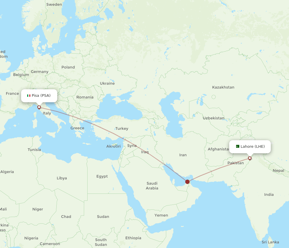 Pisa - Lahore route map and flight paths