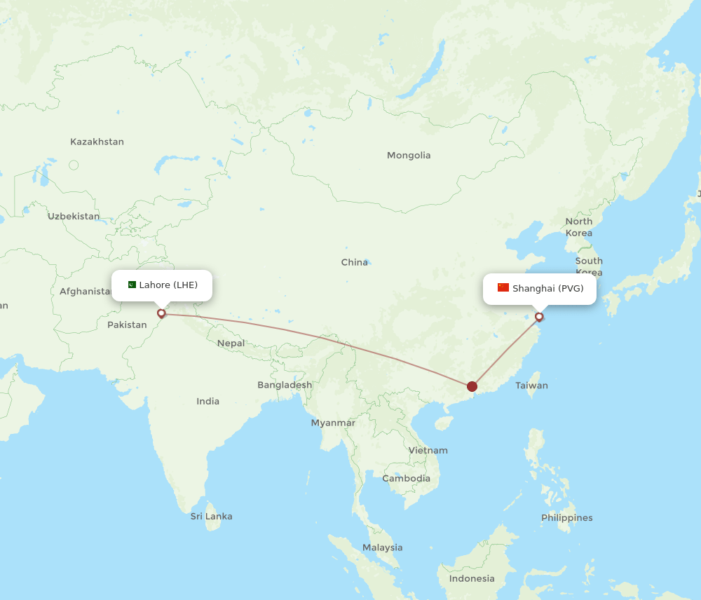 Shanghai - Lahore route map and flight paths