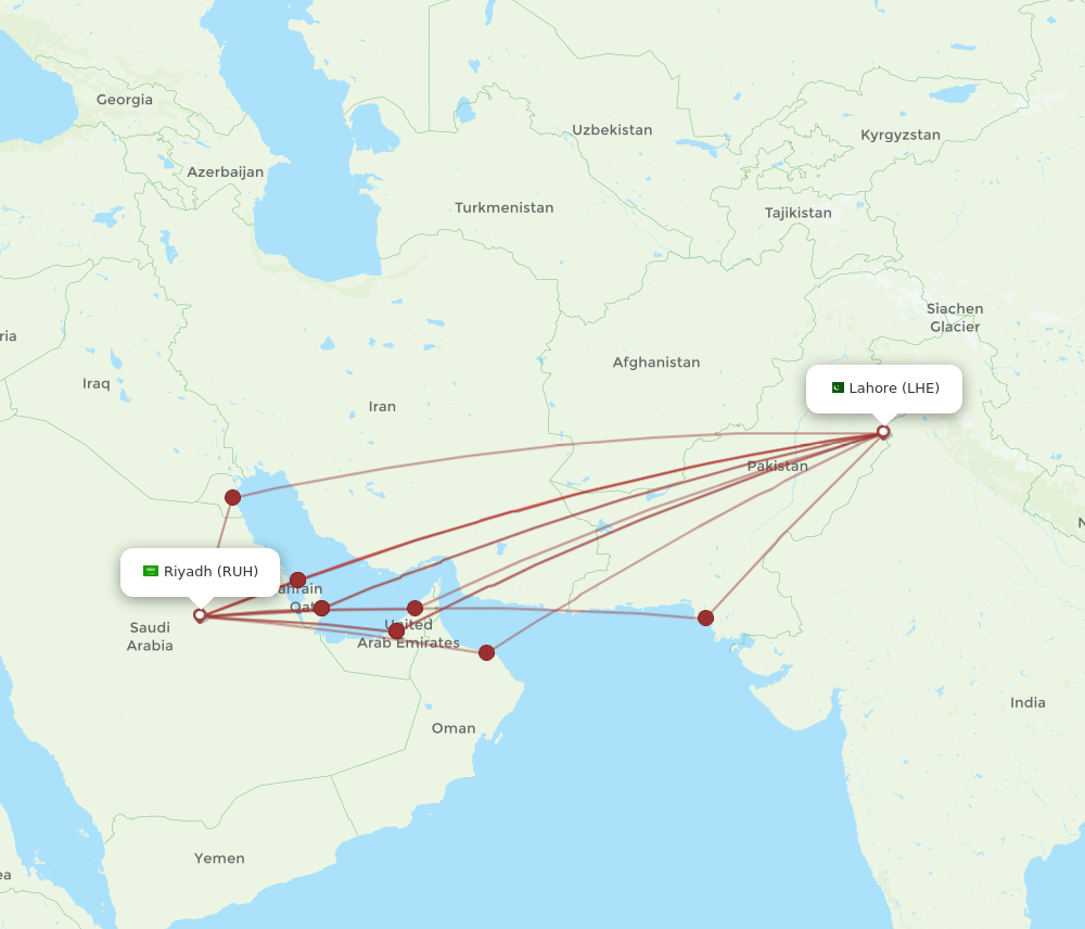 LHE to RUH flights and routes map