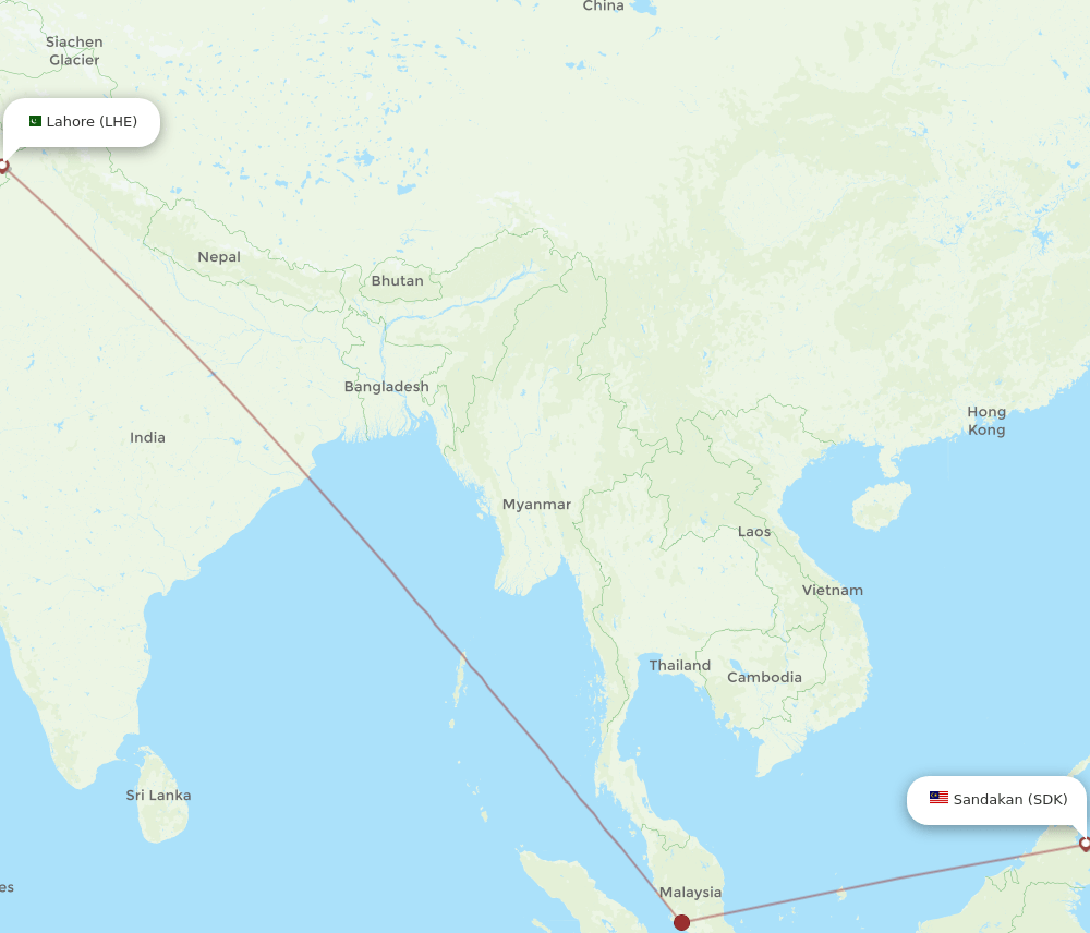 Sandakan - Lahore route map and flight paths