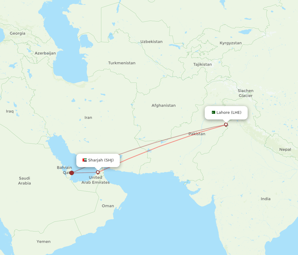 LHE to SHJ flights and routes map