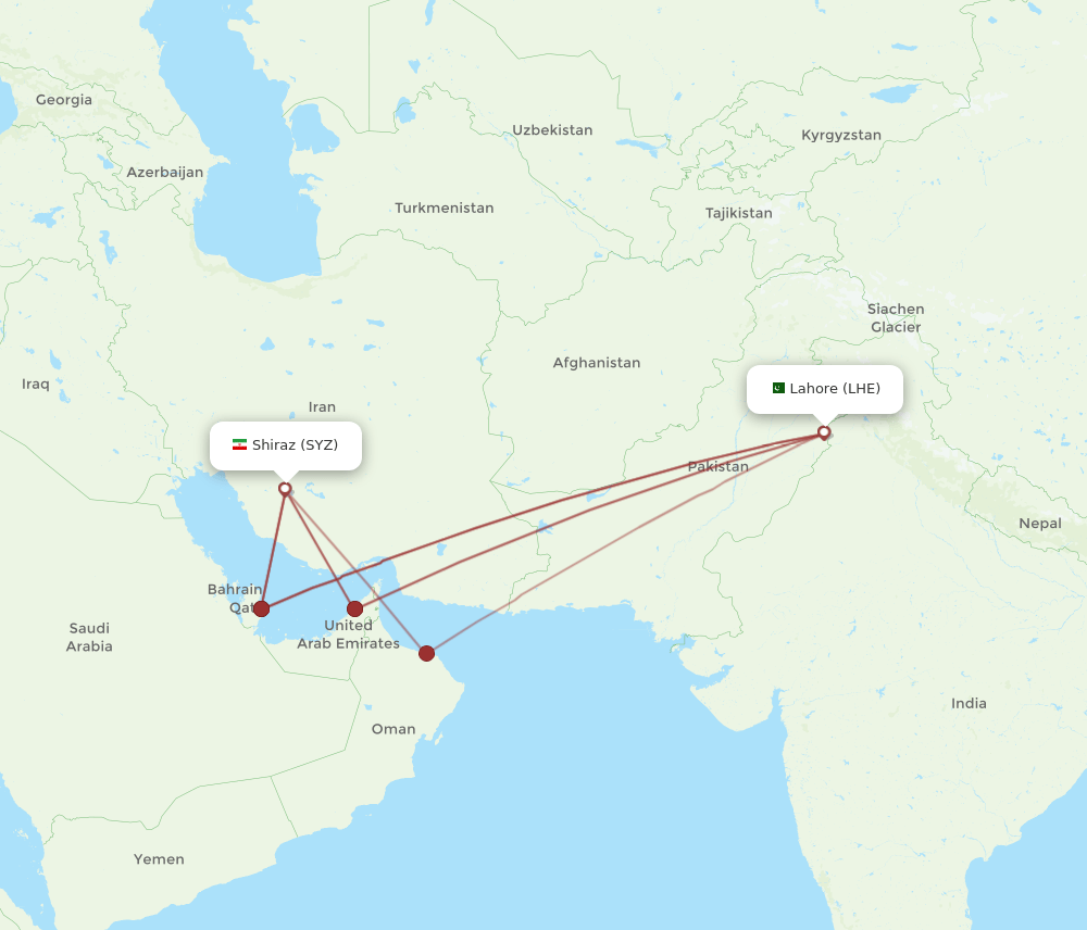 LHE to SYZ flights and routes map